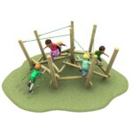 Six children are playing and climbing on a wooden Pick Up Sticks 1 playground structure with ropes, set on a patch of grass.
