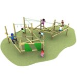 Several children play on a wooden climbing frame with ropes and a green climbing wall, set on a grass-like surface.
