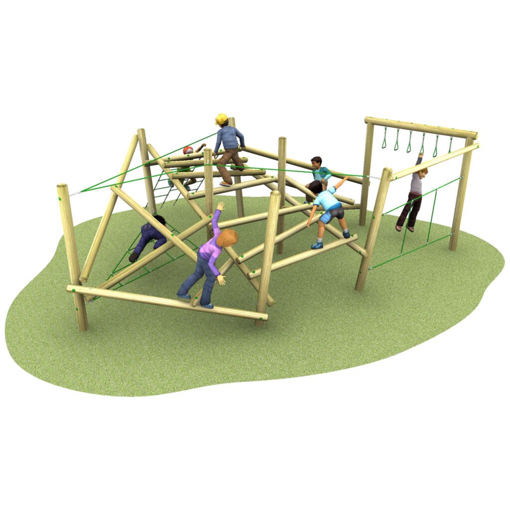 Six children are climbing and playing on a wooden playground structure with ropes, set on a grassy area, reminiscent of an adventurous game of Pick Up Sticks.