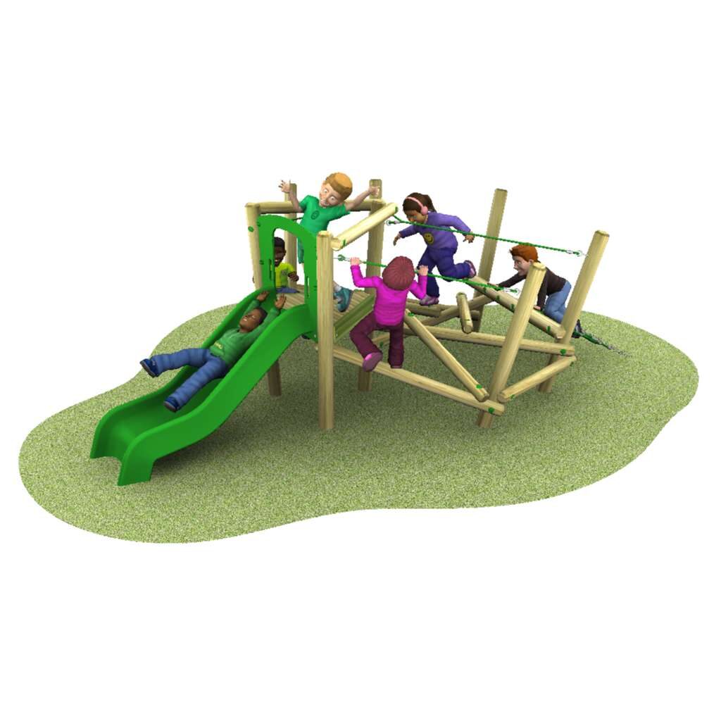 Six children are playing on a wooden playground structure with a green slide and climbing poles, set on a patch of green ground.
