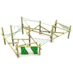 Wooden playground climbing structure with green climbing panels and rope net sections, designed for children’s outdoor activities.