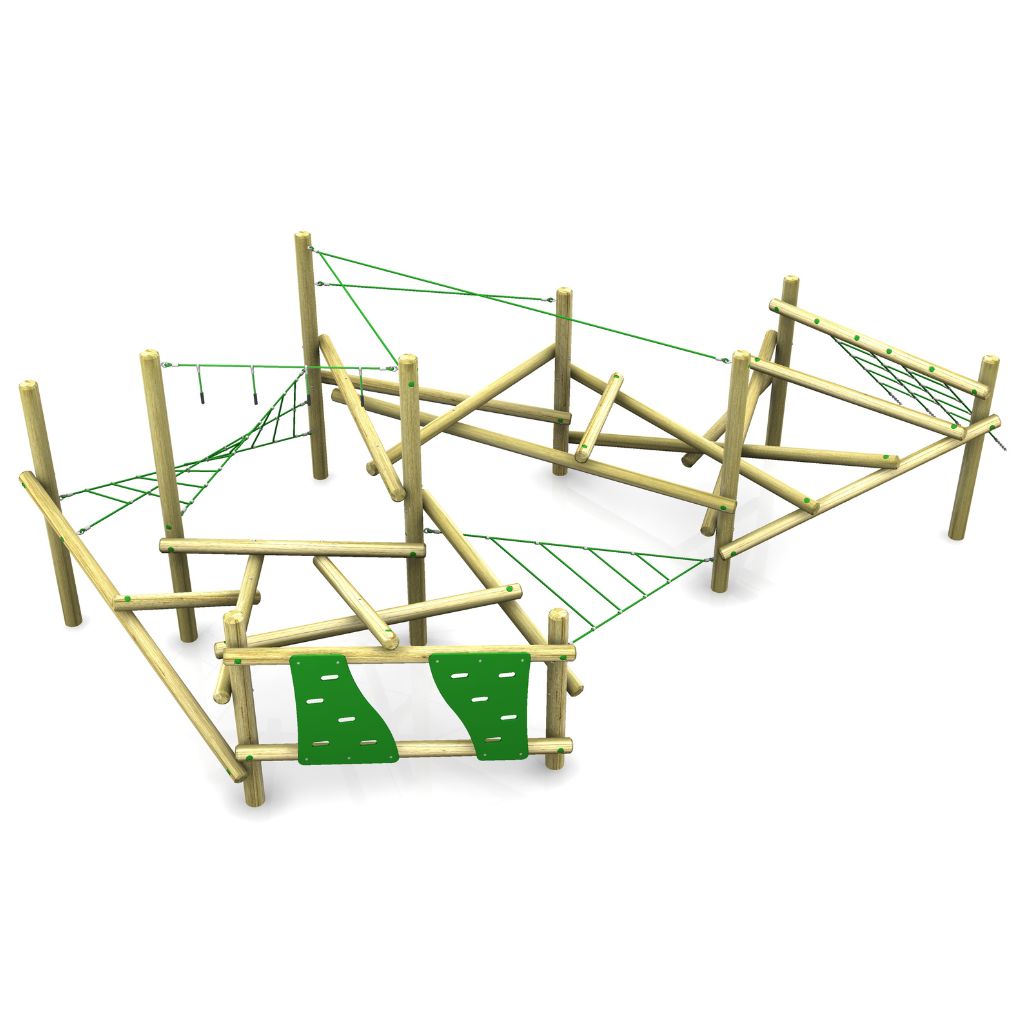 Wooden playground climbing structure with green climbing panels and rope net sections, designed for children’s outdoor activities.