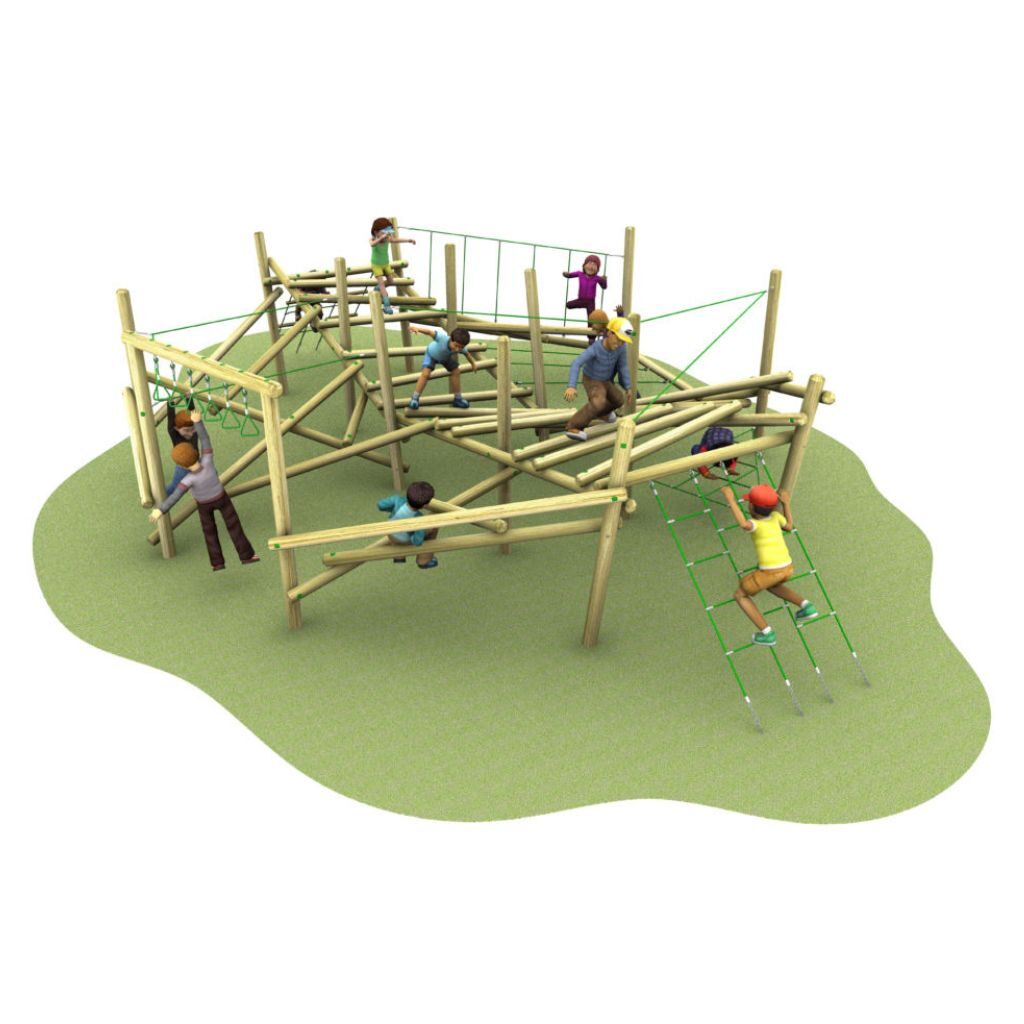 Children play on a wooden climbing structure with ropes, ladders, and platforms on a grass-like surface.