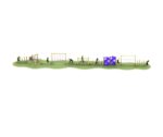 A group of children use various playground equipment on a grassy area, including climbing frames, nets, and tunnels.