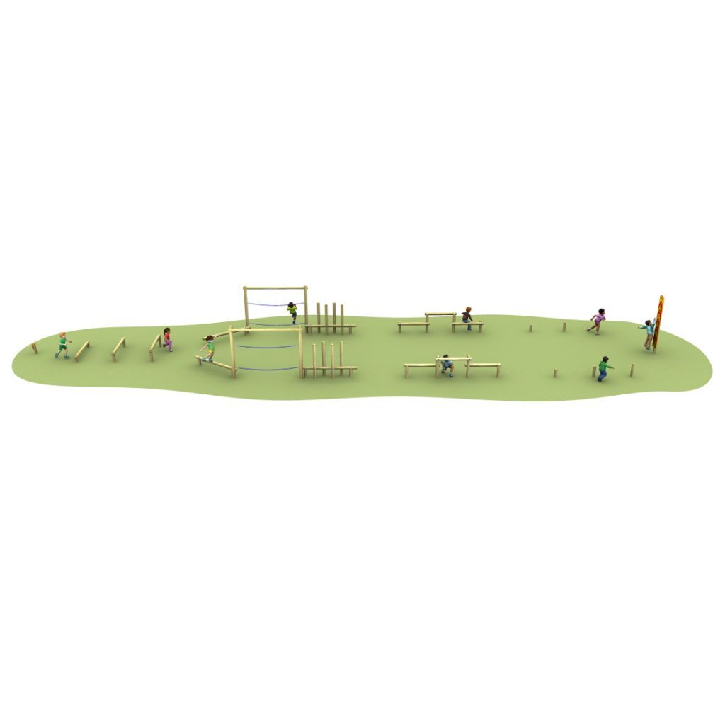 Children play on a green outdoor obstacle course featuring balance beams, climbing structures, and various play equipment, scattered across the area.