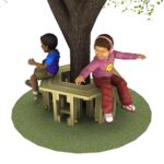 Two children sit on a wooden bench built round a tree, facing opposite directions on a circular patch of grass.
