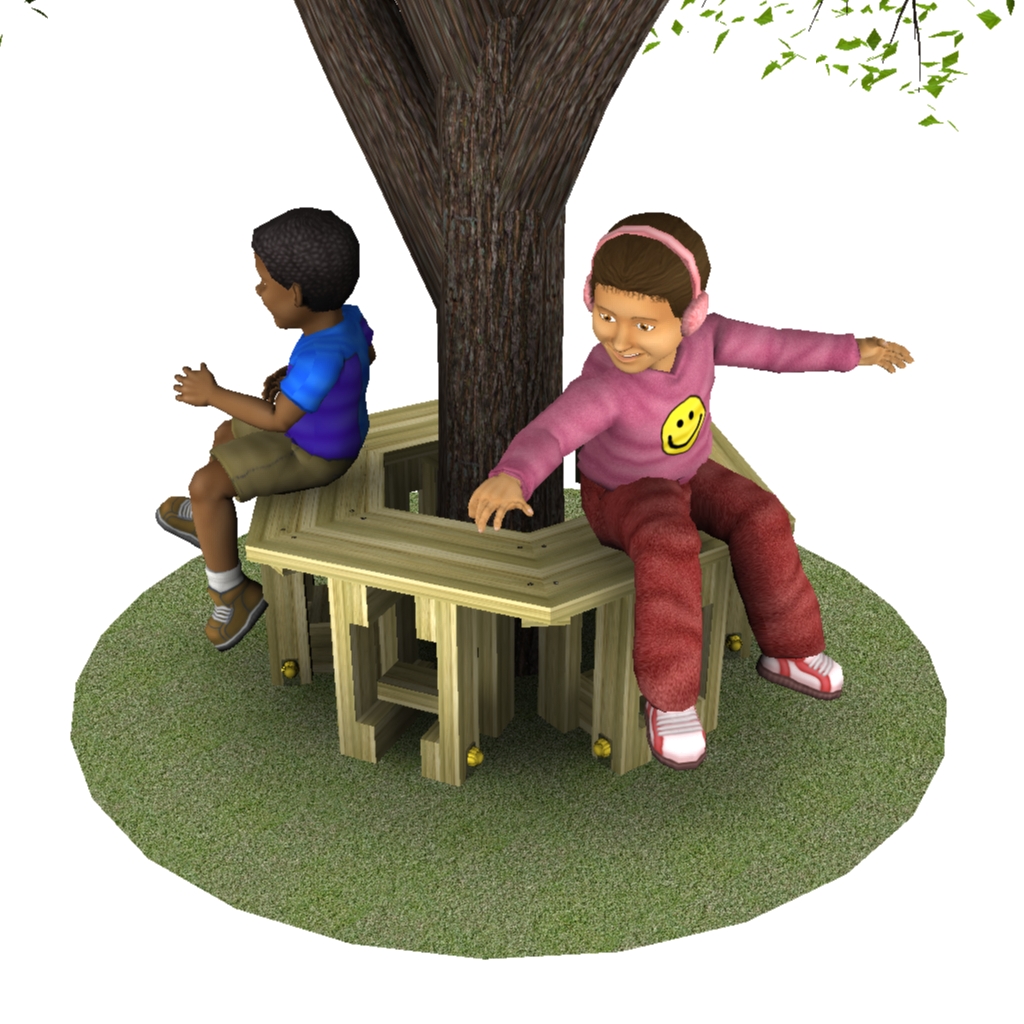 Two children sit on a wooden bench built round a tree, facing opposite directions on a circular patch of grass.