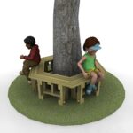 Two children sit facing opposite directions on a wooden bench surrounding a tree, situated on a circular patch of grass.
