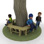 Three children sit and stand around a wooden bench built round the base of a large tree on a grassy area.