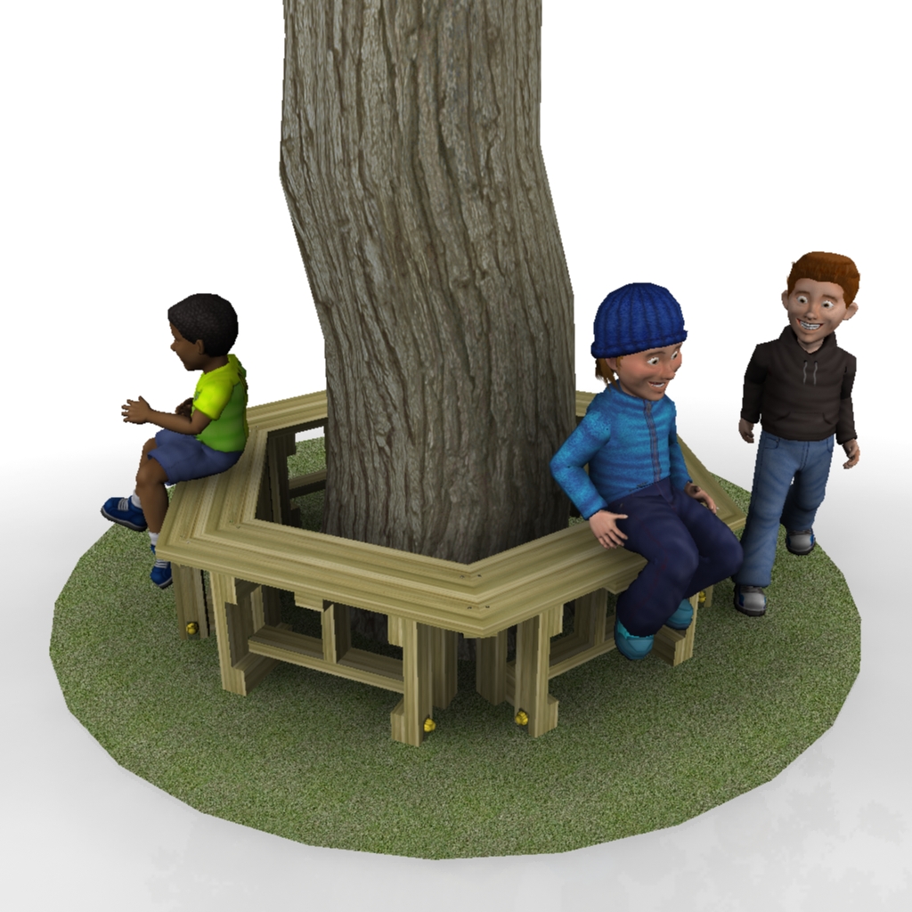 Three children sit and stand around a wooden bench built round the base of a large tree on a grassy area.