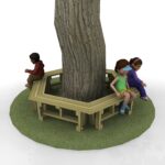 Three children sit on a wooden bench circling a large tree, with grass beneath them and a white background.