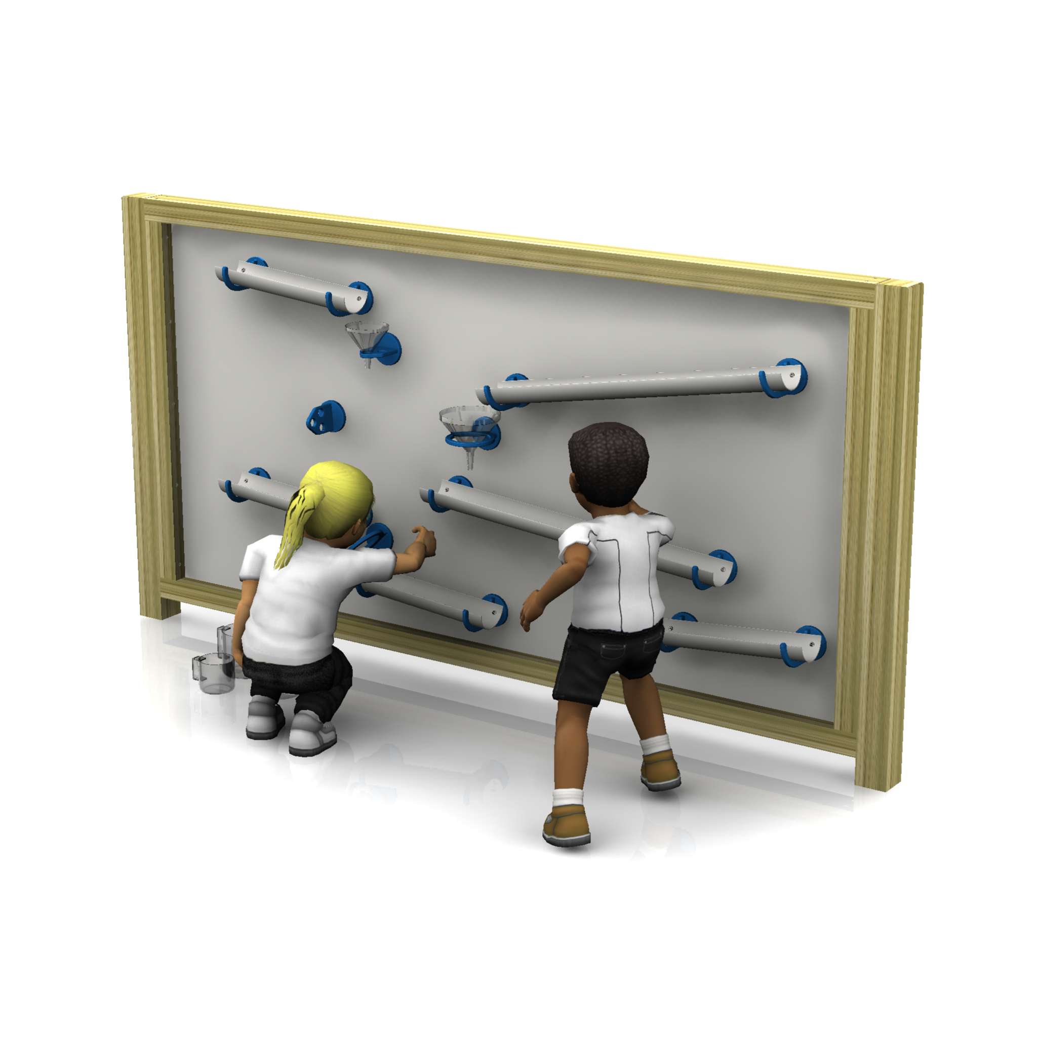 Two children play with a vertical marble run wall, adjusting tubes and ramps just like on a Mark Making Water Wall, guiding marbles from top to bottom.