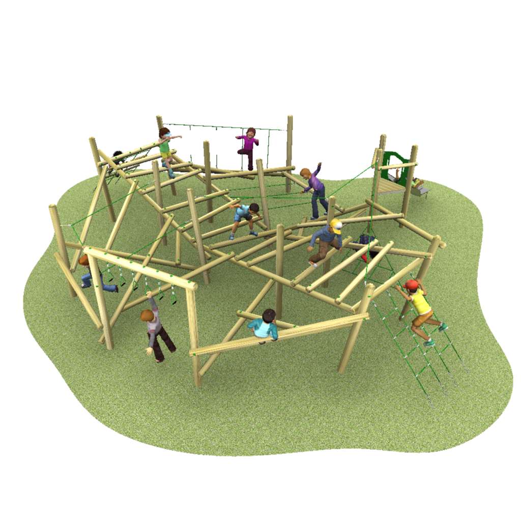 Children play on a large wooden climbing frame with ropes and ladders on a grassy area.