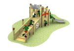 The 500 Castle Sensory Island is a wooden playground structure resembling a castle, featuring a ramp, interactive sensory panels, a tower, and a slide on the right-hand side.