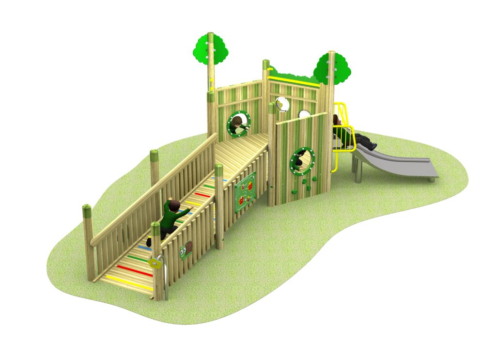 The 500 Forest Sensory Island features a wooden playground structure with a ramp, activity panels, two tree-shaped accents on a small platform, and a metal slide.