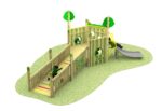 The 500 Forest Sensory Island features a wooden playground structure with a ramp, activity panels, two tree-shaped accents on a small platform, and a metal slide.