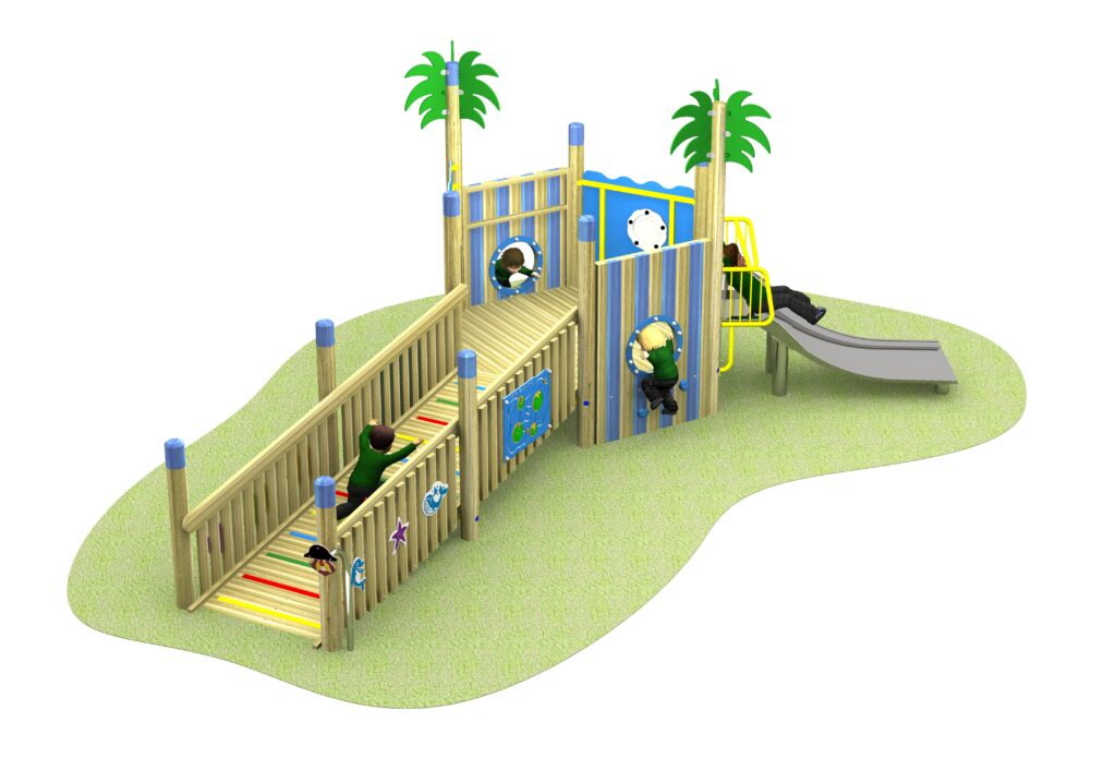 Colourful 500 Nautical Sensory Island playground structure with a striped design, ramp, slide, palm tree decorations, and sea-themed wall art, designed for children’s play and accessibility.