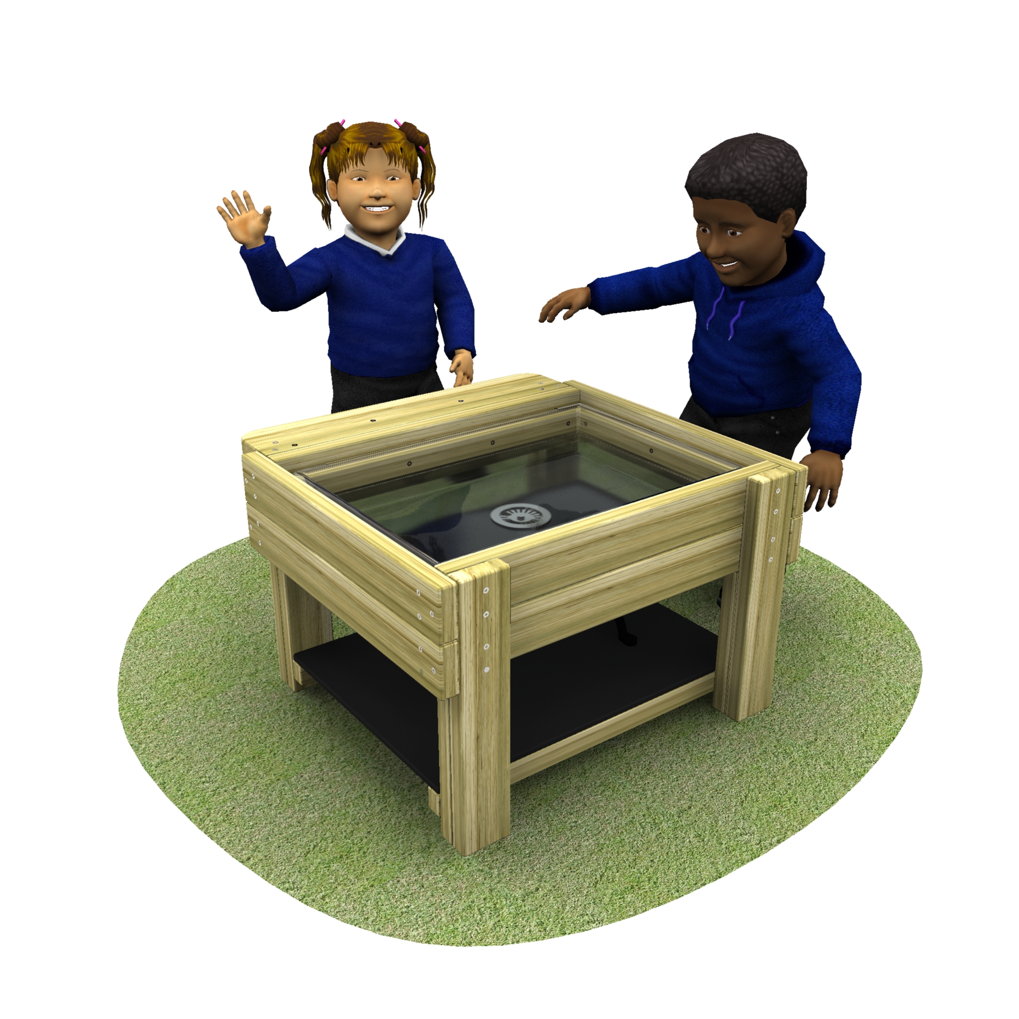 Two children stand by a wooden water table with a glass top, set on a patch of grass. One child waves whilst the other reaches towards the table, eager to explore and play.