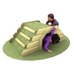 Two children play on a small wooden playground structure; one climbs over the top whilst the other crawls through a tunnel underneath.