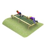 Two children climb on a 3m Embankment Scramble Net, stretching horizontally over a grassy surface.