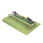 Two children crawl on a 4.5m Embankment Scramble Net, a horizontal rope climbing structure set over grass and supported by sturdy wooden posts.