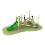 Children play on a wooden playground structure with a green slide, rope climber, and grass surface.