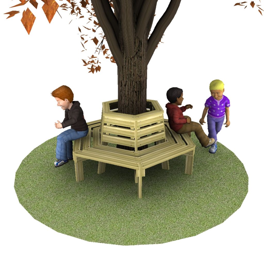 Three children sit and stand around a hexagonal wooden bench built around a tree on a circular patch of grass.