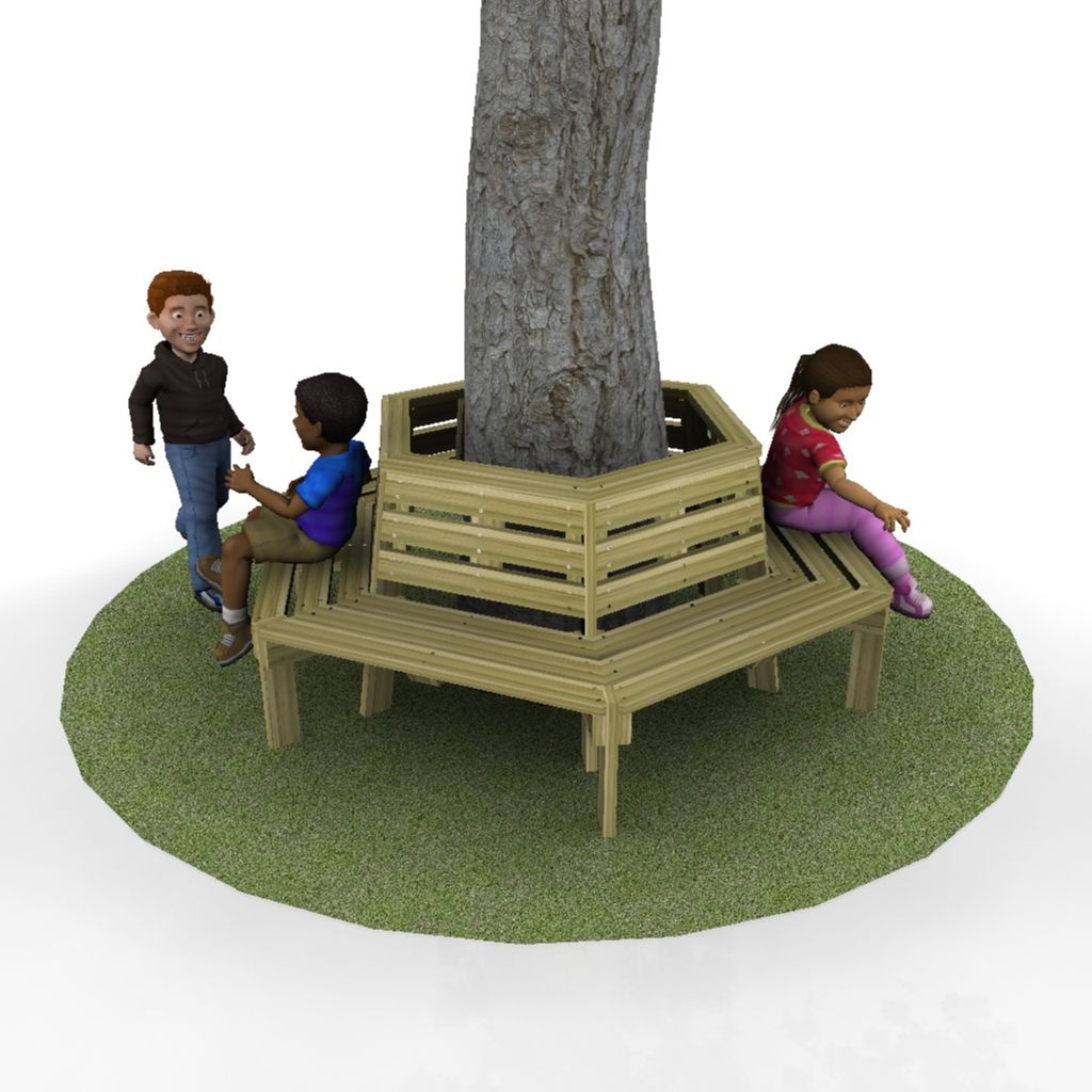 Three children are around a wooden bench that encircles a tree; one girl sits alone whilst two boys stand and talk nearby on grass.