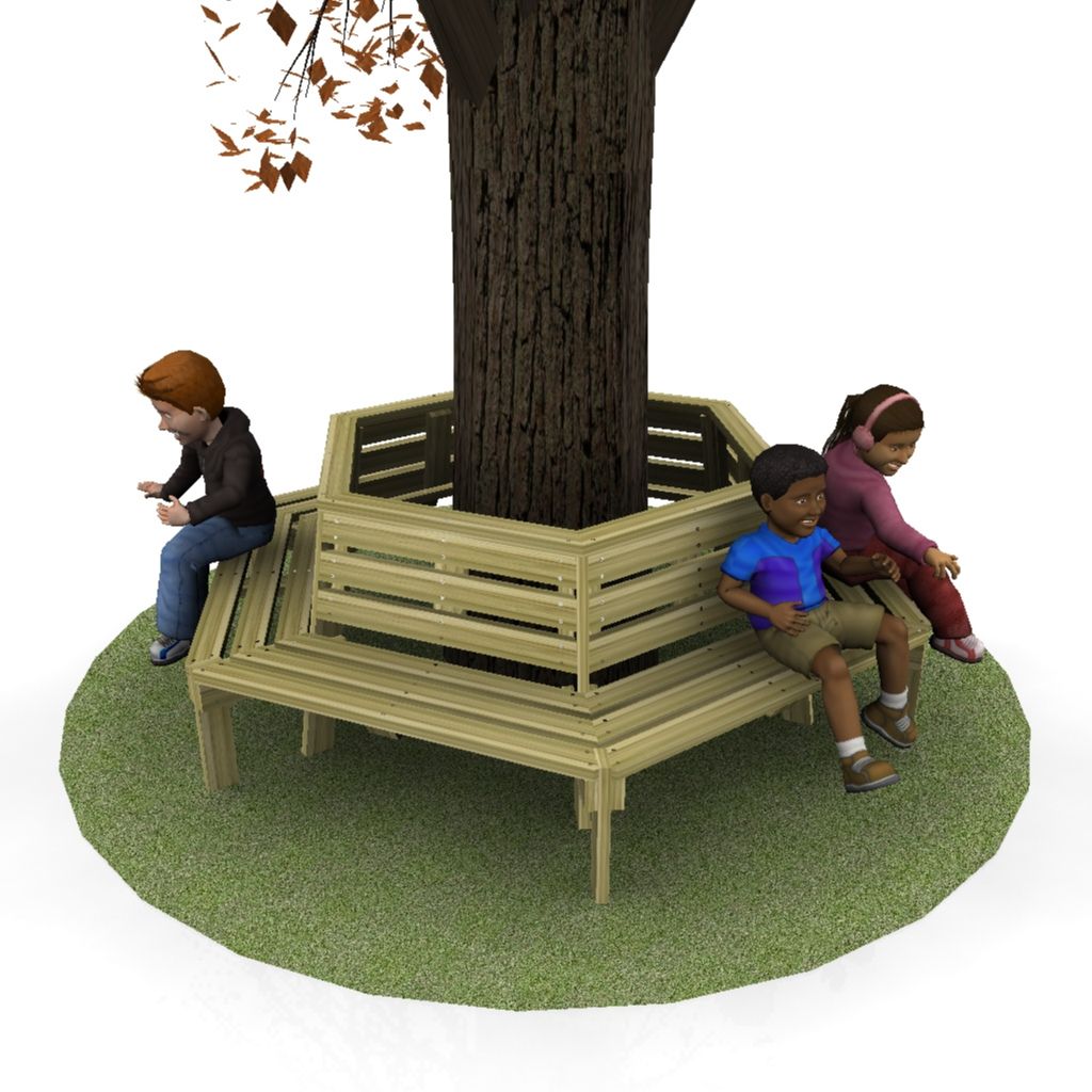 Three children sit on a hexagonal wooden bench built around a tree, which stands on a circular patch of grass.