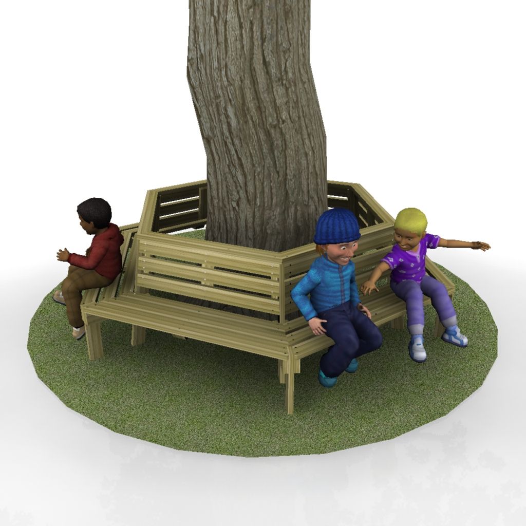 Three children sit on a wooden bench surrounding a tree; one child sits alone whilst two others appear to interact with each other.