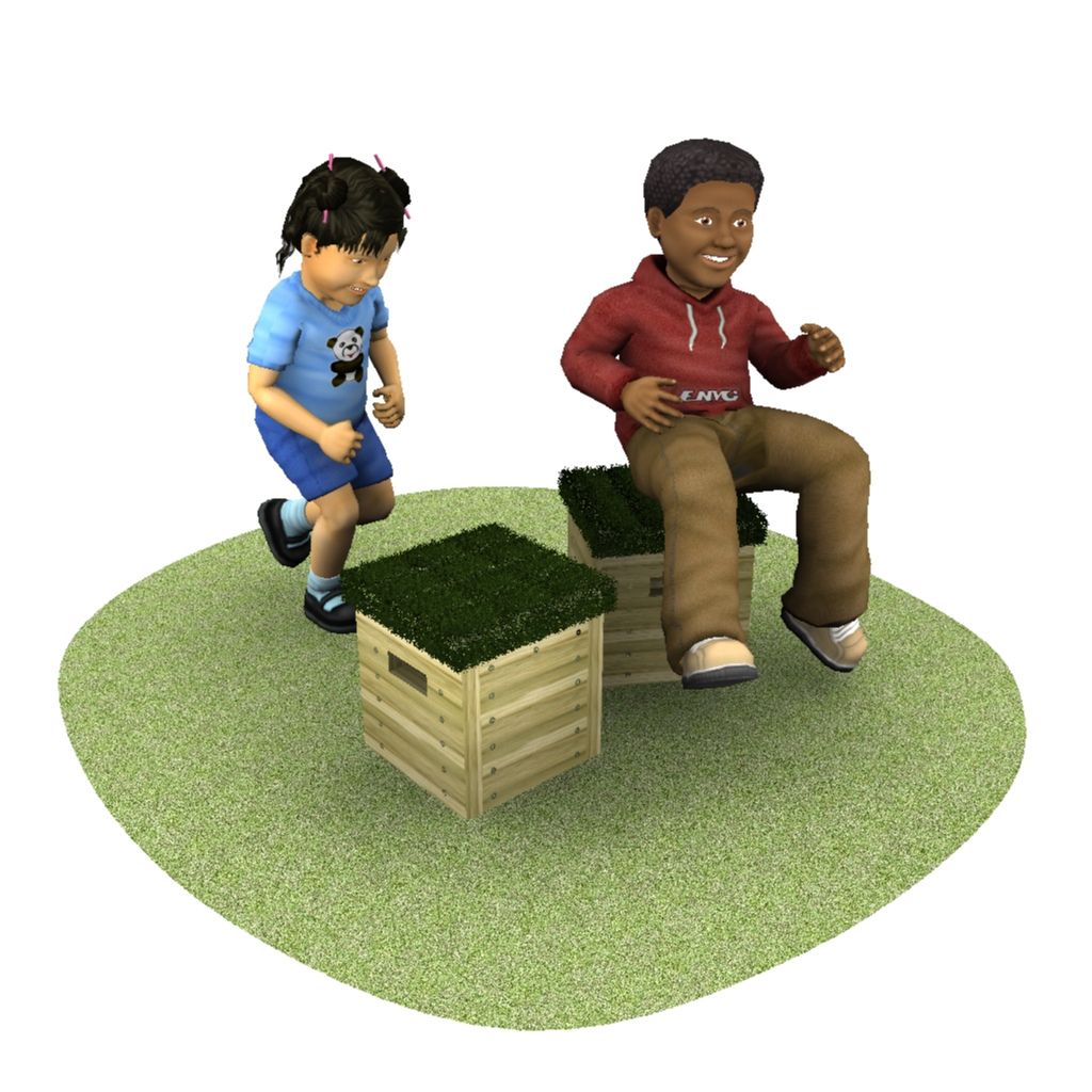 Two children, one standing and one sitting, interact with grass-topped wooden blocks on a small patch of grass.
