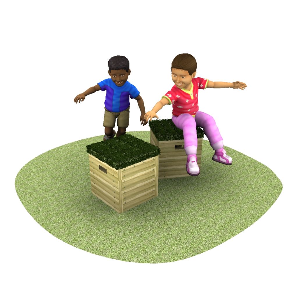 Two children balance and play on wooden boxes with artificial grass tops, placed on a circular patch of green artificial grass.