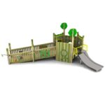 The 500 Forest Sensory Island features a wooden playground structure with a ramp, activity panels, two tree-shaped accents on a small platform, and a metal slide.