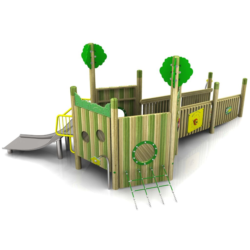 500 Forest Sensory Island wooden playground structure features slides, climbing elements, and decorative green accents resembling trees, set against a white background.
