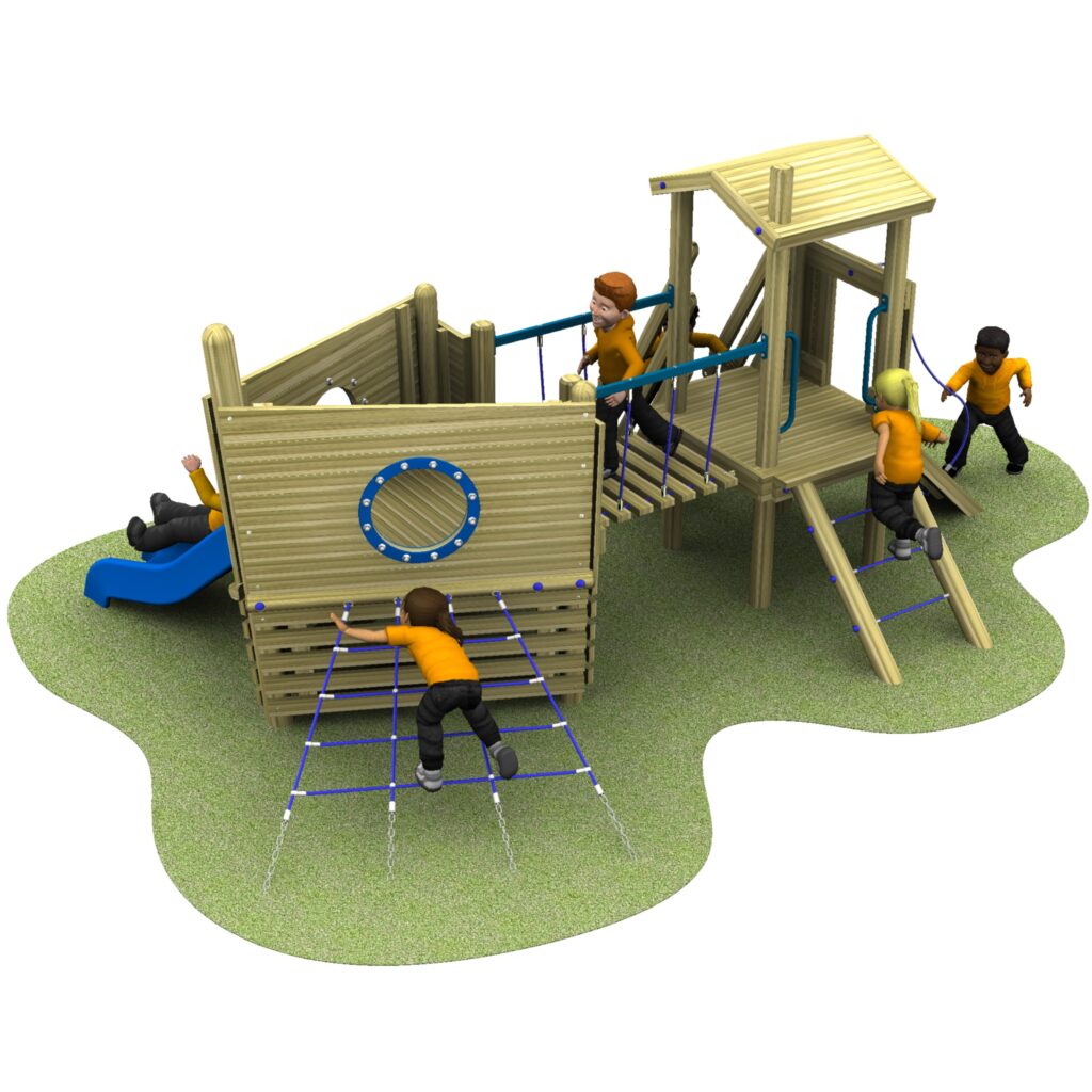 Children play on a wooden playground structure with a slide, climbing net, ramp, and railings, set on a patch of grass.