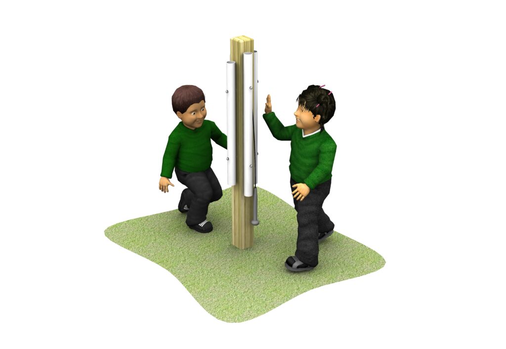 Two children in green jumpers touch opposite sides of a vertical wooden pole with metal bars, standing on a patch of green ground.