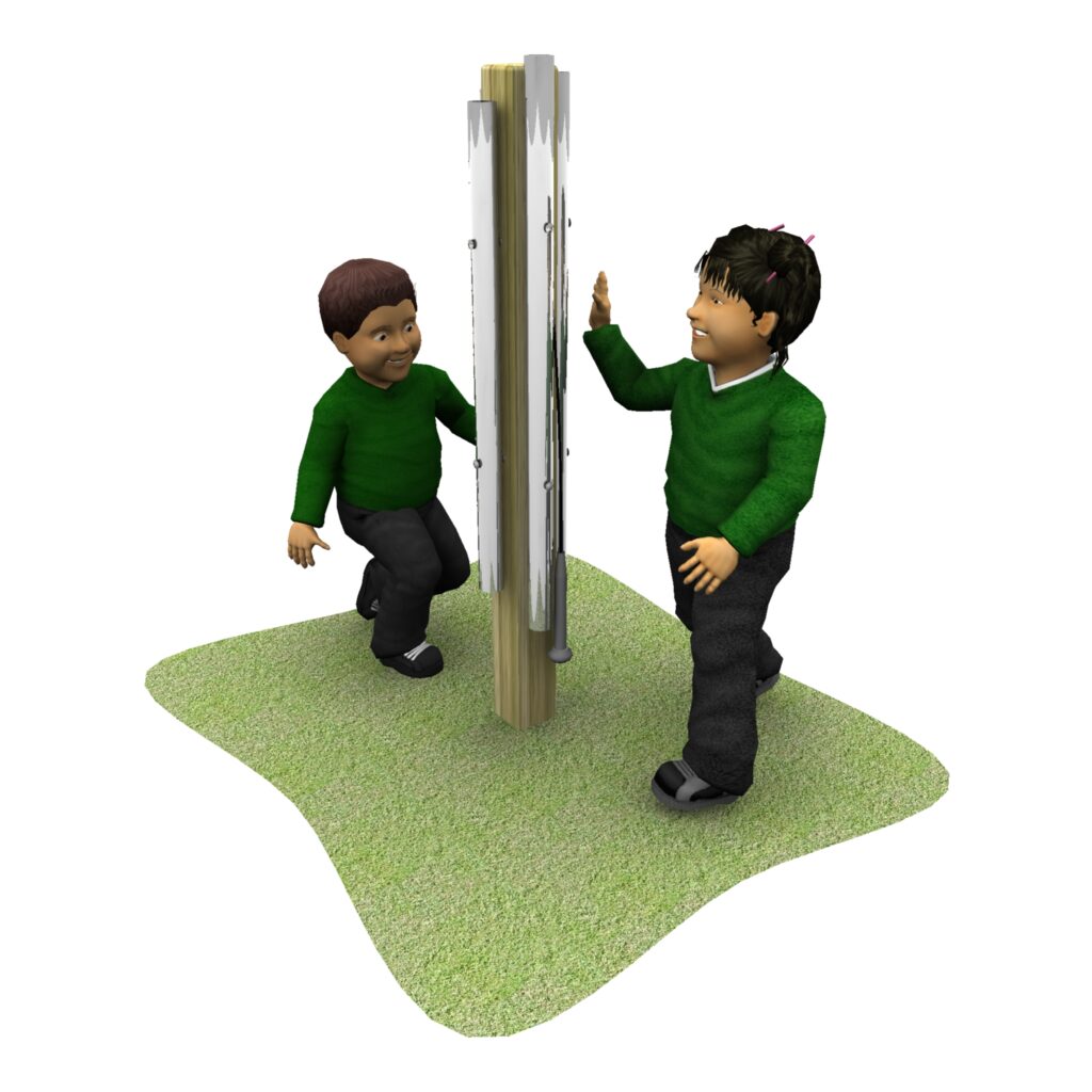 Two children stand on opposite sides of a vertical play panel with chimes, each reaching out to touch or play the instrument, on a small grassy patch.