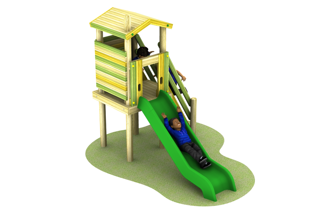 1200mm climbing tower with green slide, child sliding down. And another child climbing up the stairs