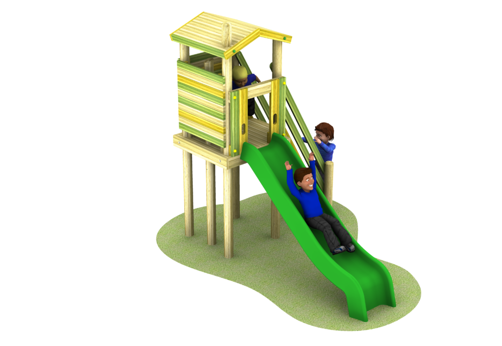 1500mm high tower with green slide and child sliding down. 2 other children using the climbing tower