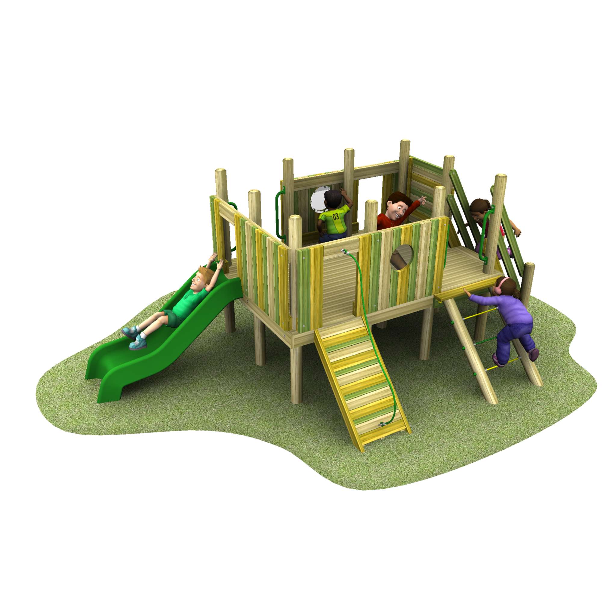 Children play on the Young Explorer - Dias Tower 900mm, a wooden playground structure featuring a green slide, ramp, climbing wall, and ladders on a patch of grass.