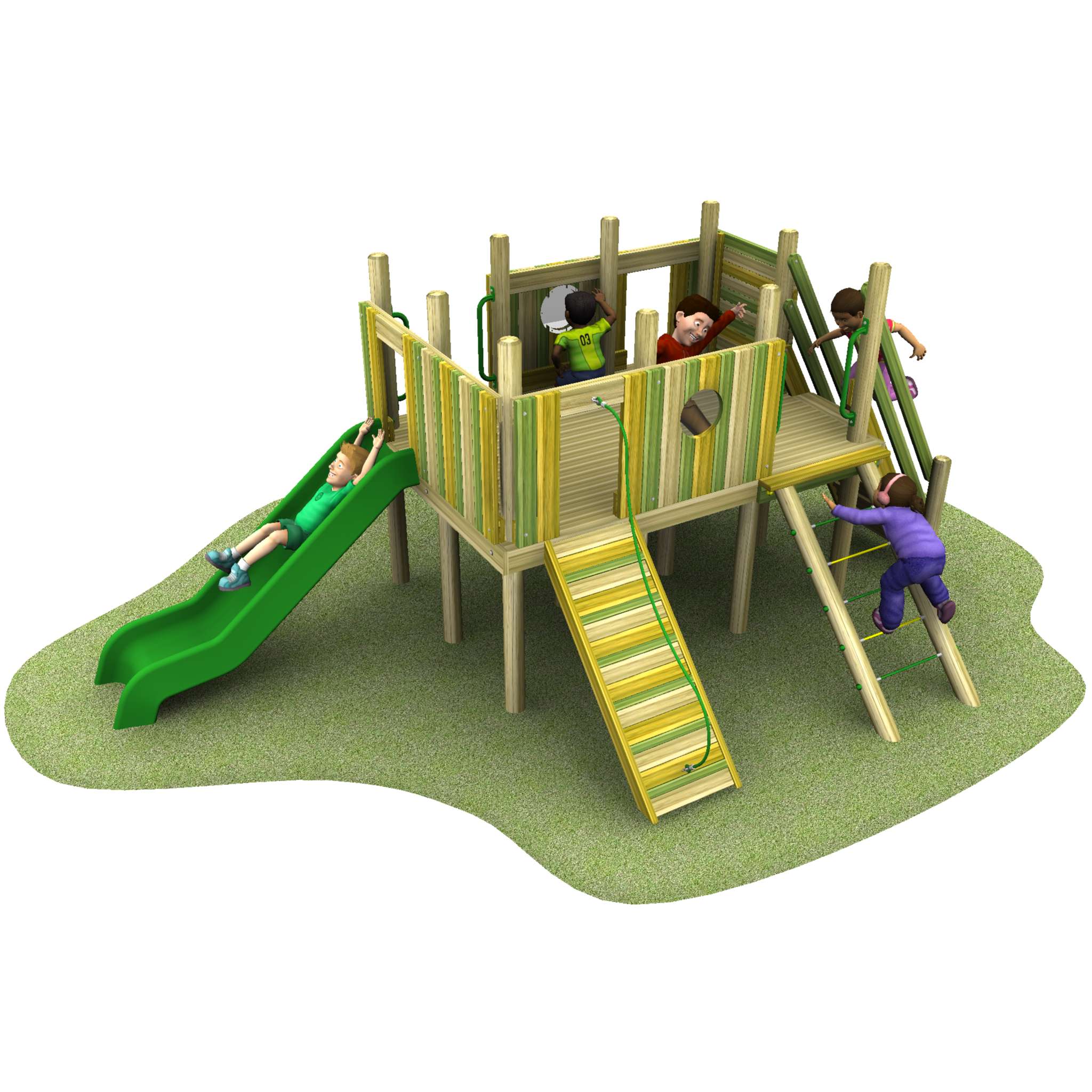 Children playing on a Young Explorer - Dias Tower 1200mm wooden playground with a green slide, climbing ramps, and a raised platform on a grass patch.