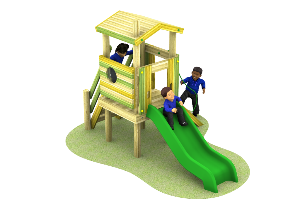 drake 900 with polyslide, rope climber and stairs. children in blue uniforms playing