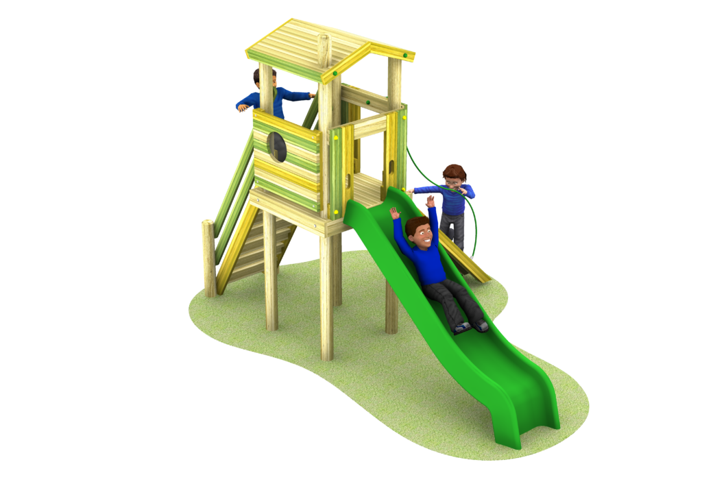 climbing tower with slide, stairs and climbing rope