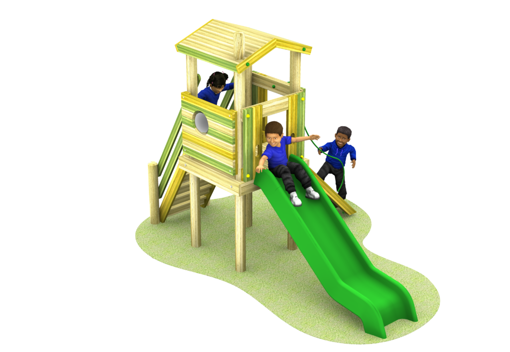 Climbing tower with children using it. Features of a poly slide, stairs and rope climber