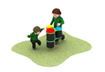 2 children using a 3 drum set with red, yellow and blue tops