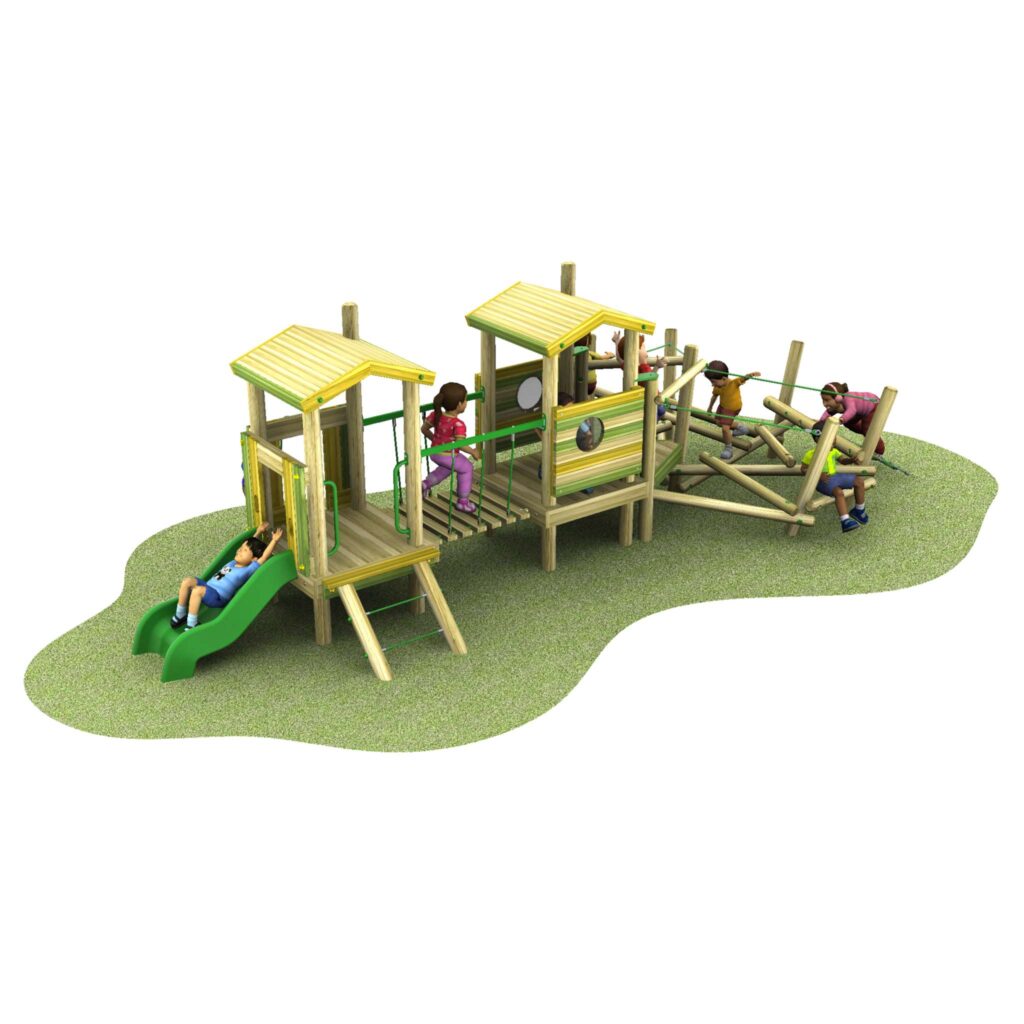 Children play on a wooden playground structure with slides, ladders, and climbing features on a patch of grass.
