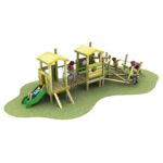 Children play on a wooden playground structure with slides, ladders, and climbing features on a patch of grass.