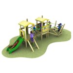 Children playing on a wooden playground structure with slides, ladders, and bridges on a grassy surface.