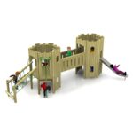 Children play on a wooden Fort Cumberland with steel slide, featuring castle-themed towers, bridges, a slide, and various climbing elements.