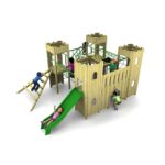 Children playing on a wooden Fort Knox-inspired castle-themed playground structure with turrets, a slide, climbing ladder, and connecting bridge.